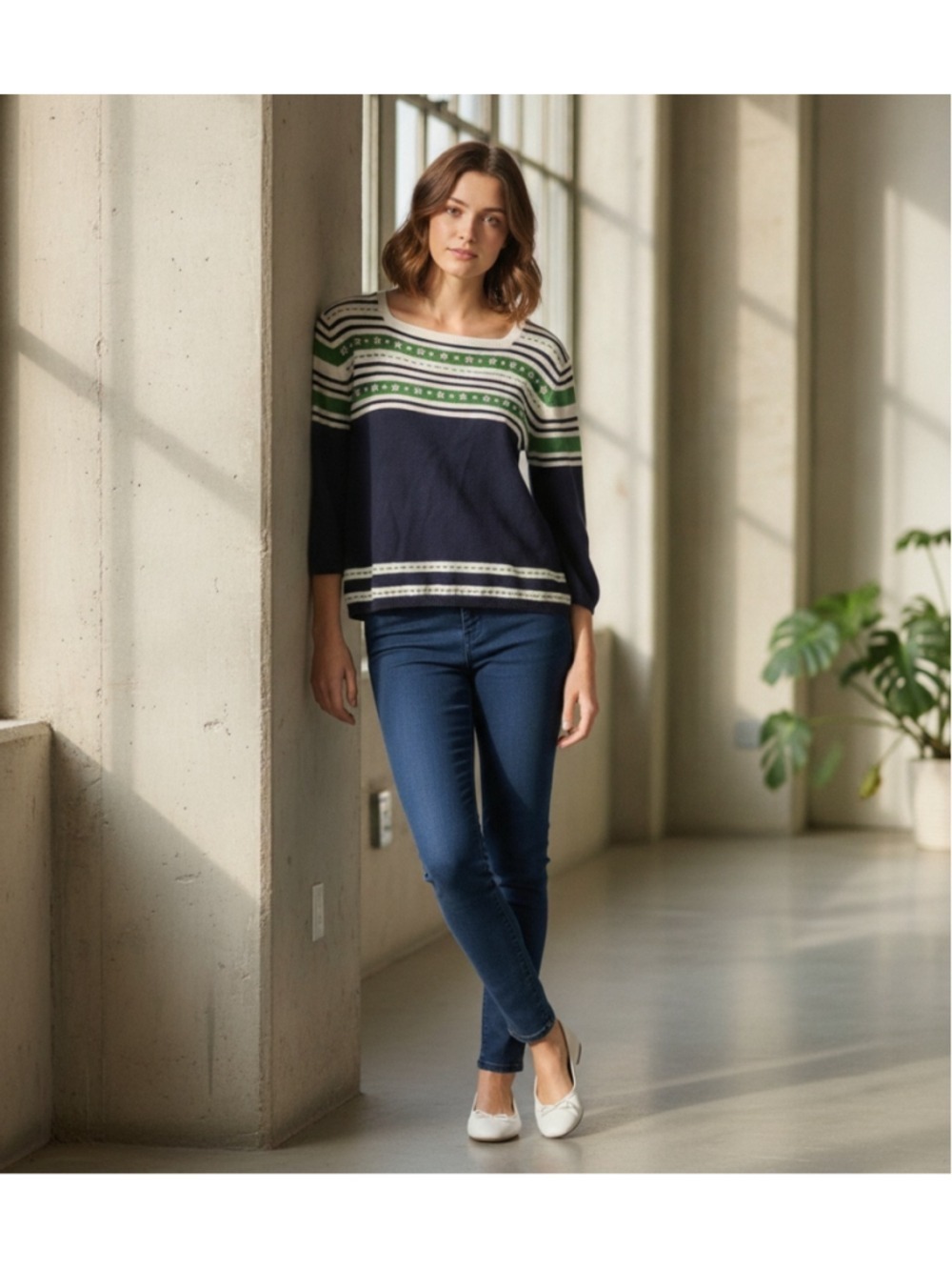 Alfred Dunner Navy and Green Floral Embroidered Stripped Women's Sweater PL